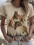 Damen T-Shirt mit Tiermuster, Western-Stil, Rundhalsausschnitt