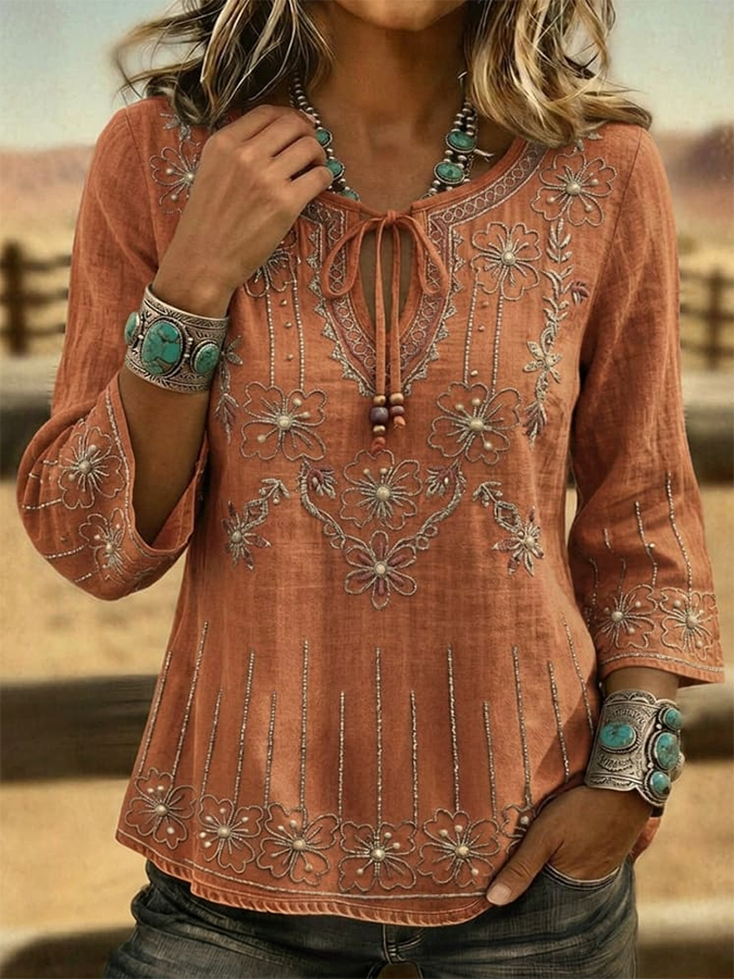 Women's Vintage Western Floral Print Slim Fit Top