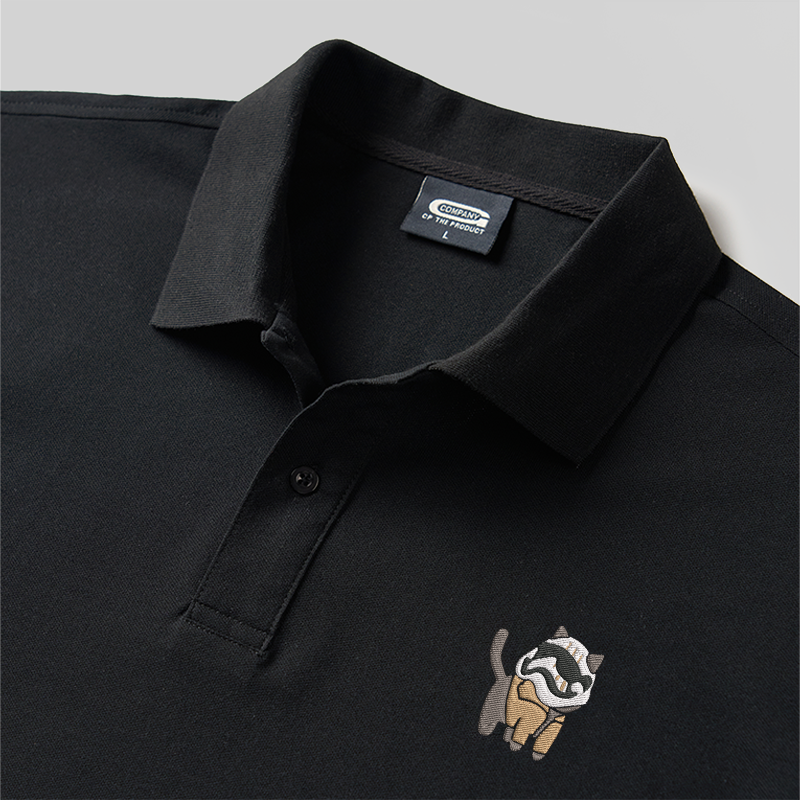 White Soldier Cat Geek Embroidered Polo Shirt