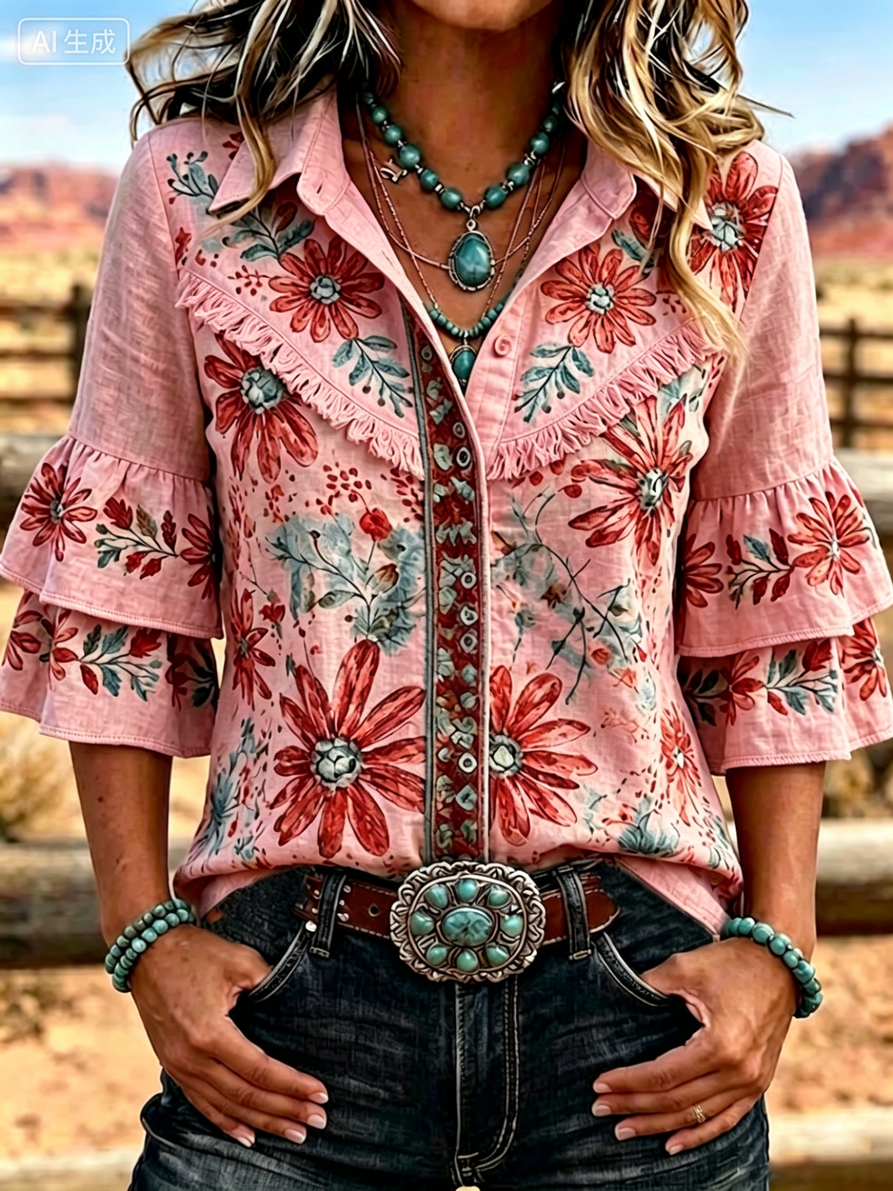 Damen Vintage Blumenmuster Freizeit Rüschen Revers Hemd