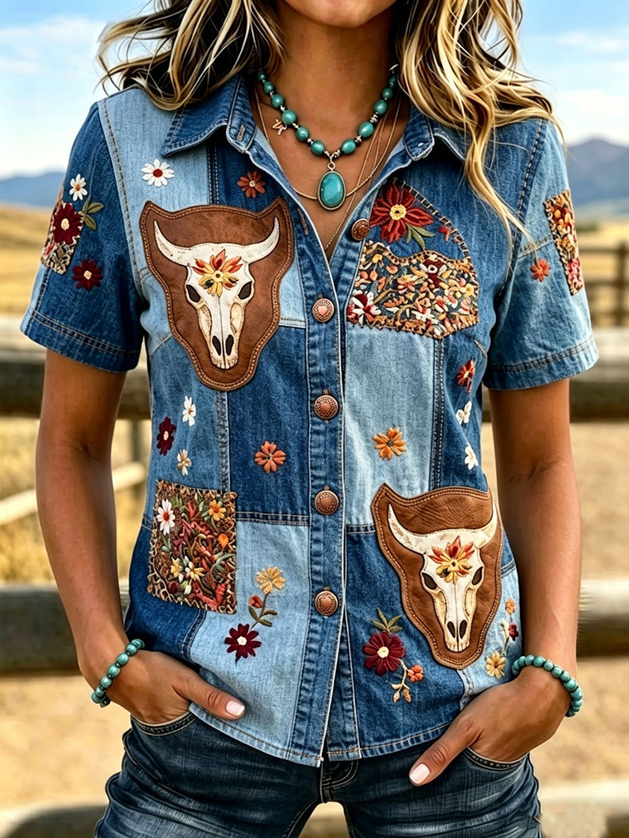 Chemise pour Femme à Imprimé Floral Rétro Animal de Style Western