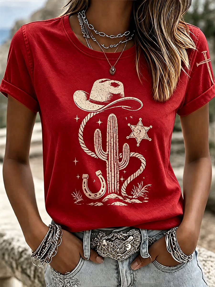 Women's Retro Cowboy Hat Cactus Star Lasso Cross Sleeve Print Tee