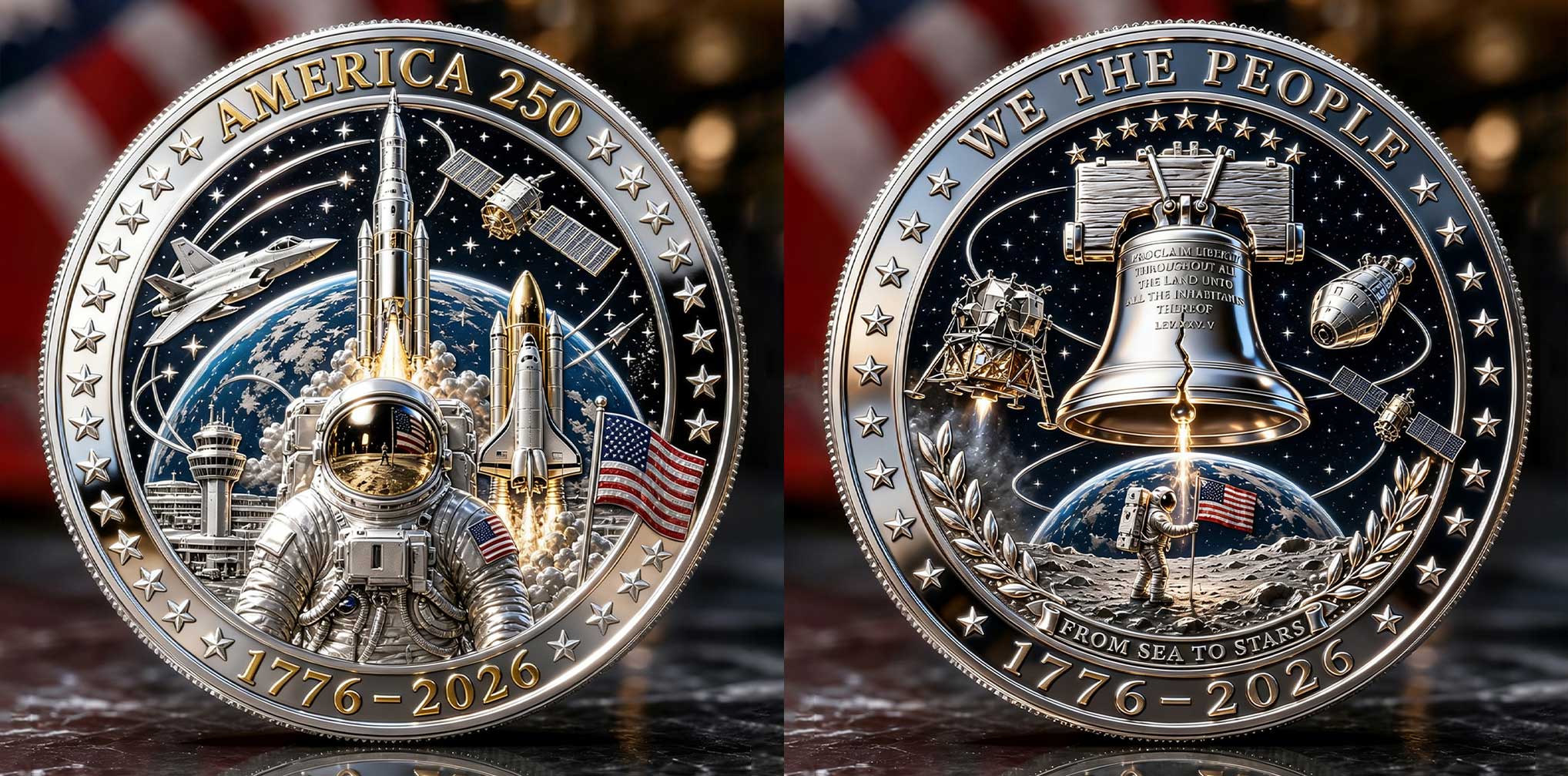 Pièce commémorative aérospatiale du 250e anniversaire de l'Amérique | Médaille de collection Cloche de la Liberté et Exploration spatiale 1776–2026