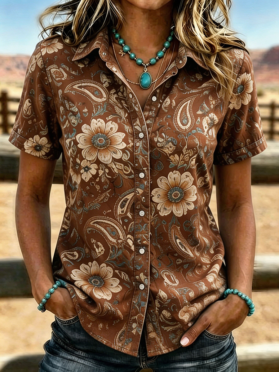 Chemisier à manches courtes boutonnée pour femme, style western, imprimé cachemire et floral bohème