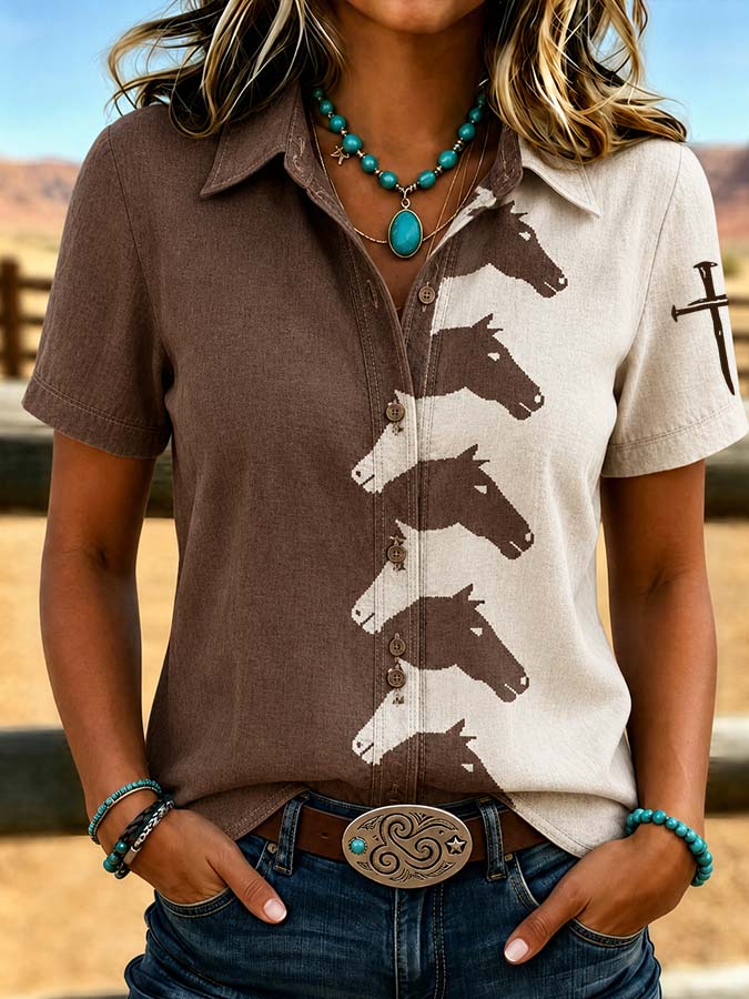 Women'S Retro Western Style Cross Short Sleeved Shirt