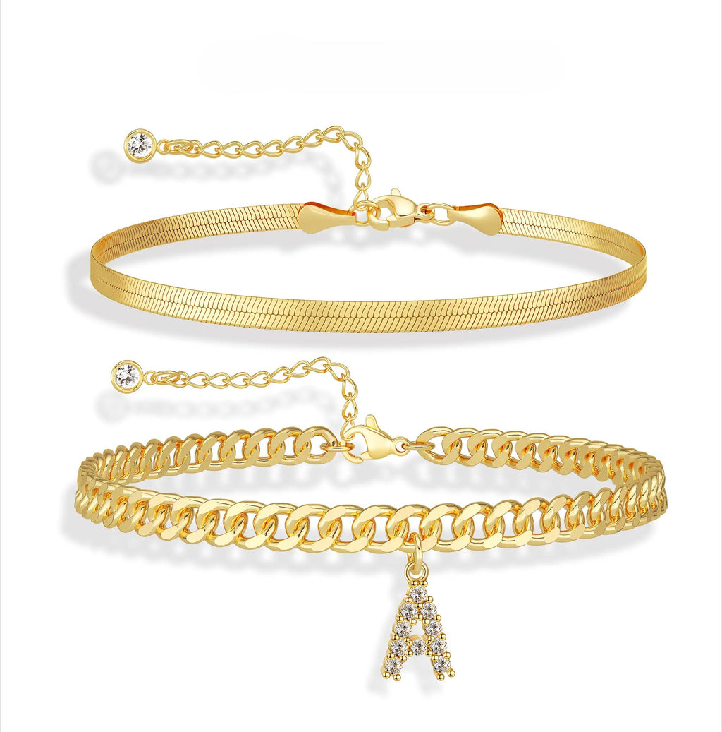 Women's Gold Stackable Anklet Set with Letter Pendant