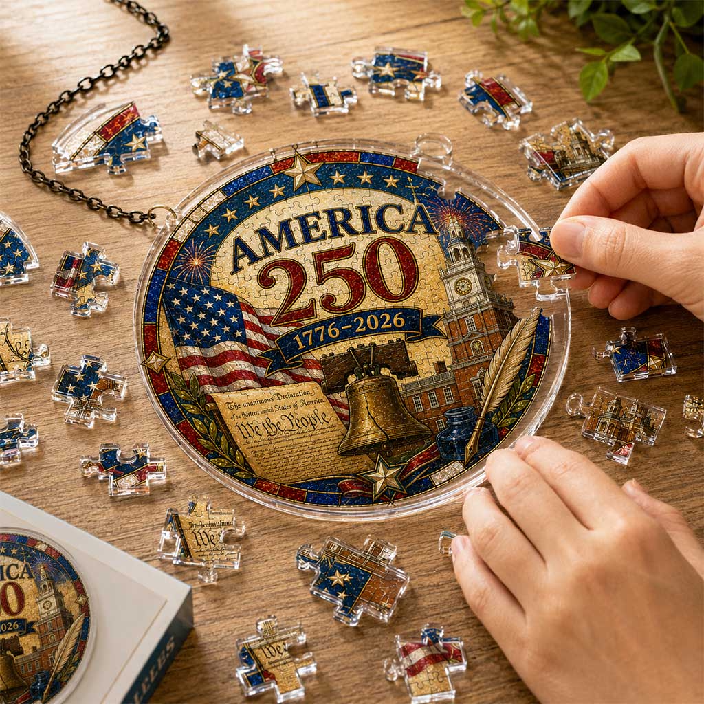 America 250 Acrylic Puzzle Ornament – 1776–2026 Patriotic Hanging Decoration with Eagle, Liberty Bell & Floral Independence Design