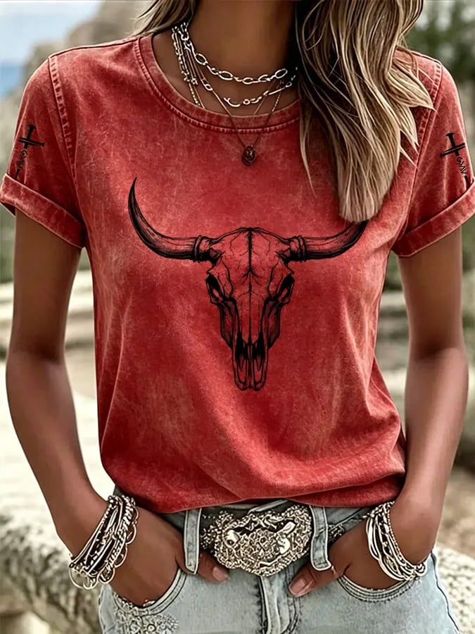 Women'S Western Horse Art Faith Gradient Printed Round Neck T-Shirt