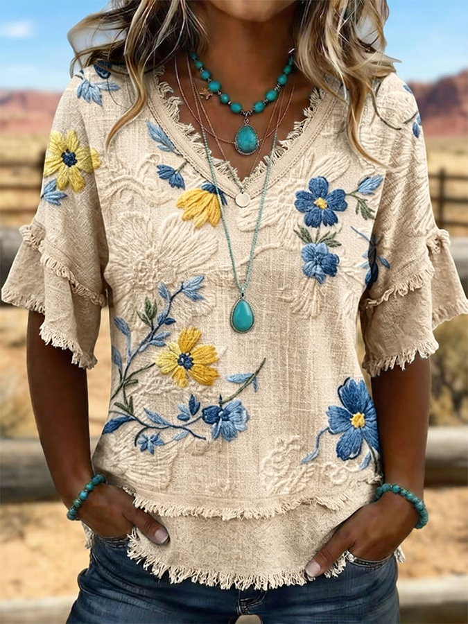 Women'S Vintage Art Patchwork Cotton And Linen Shirt