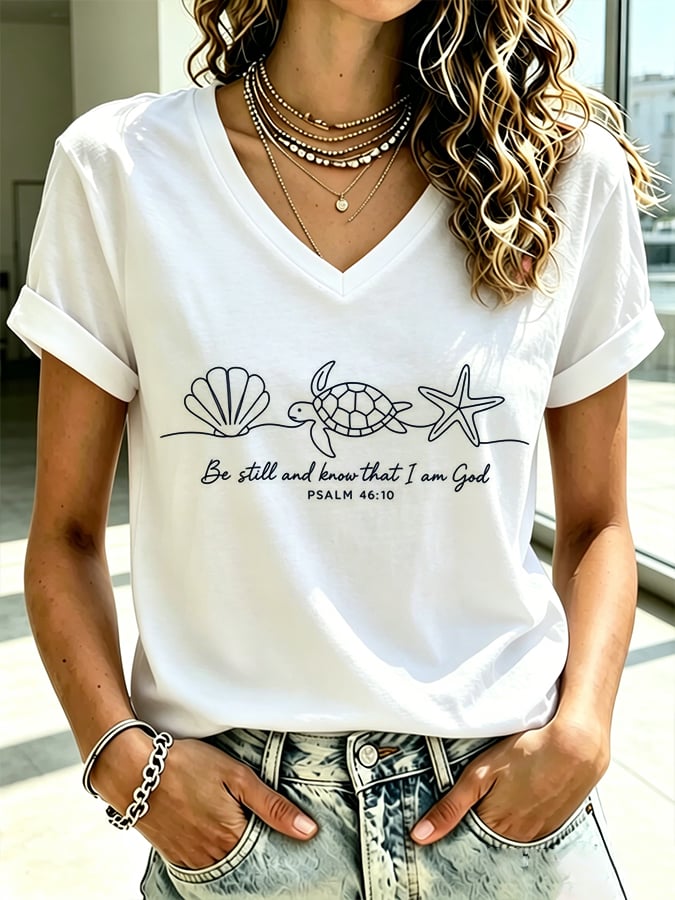 Women's Beach Vacation And Leisure  Sea Turtle Be Still And Know That I Am God Faith Printed T-Shirt