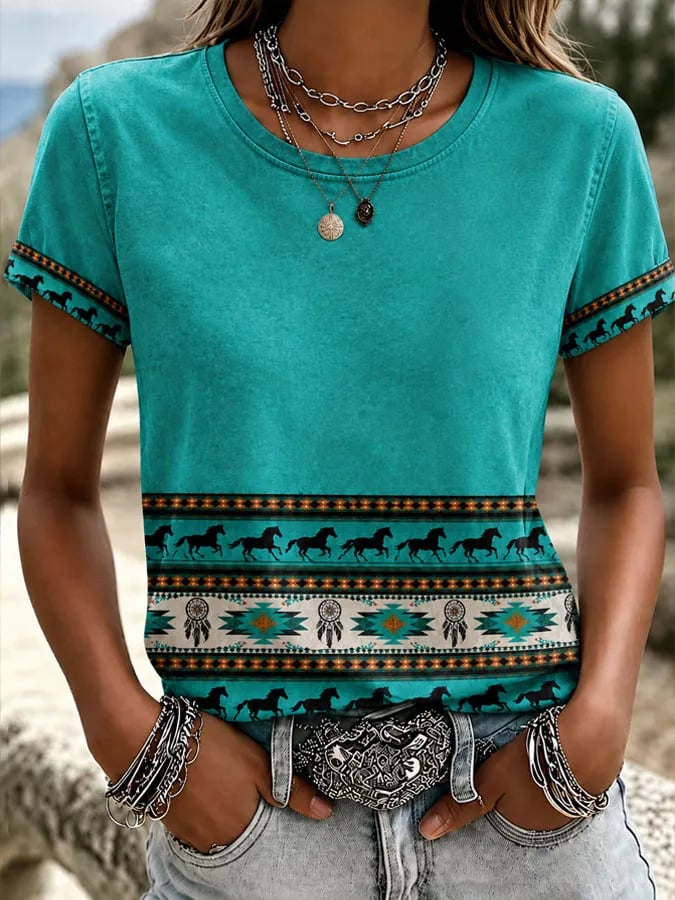 Damen Western-Stil Vintage Print Rundhals T-Shirt