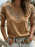 Women's Western Retro Floral Crossover Crew Neck T-Shirt
