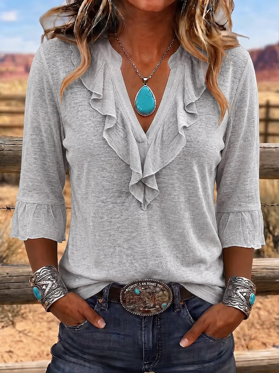 Haut décontracté pour femme, style western, encolure en V, volants, coton et lin