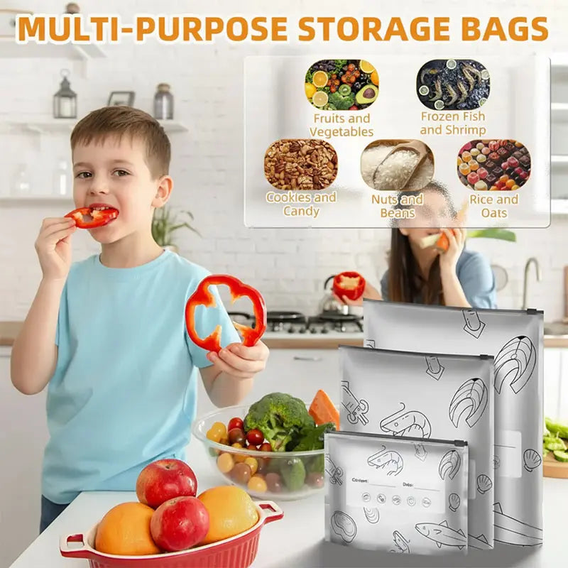 New reusable upgraded thickened upright aluminum foil sealing storage bags, with labels and zipper locks, suitable for washable kitchen items like vegetables, fruits, and meat