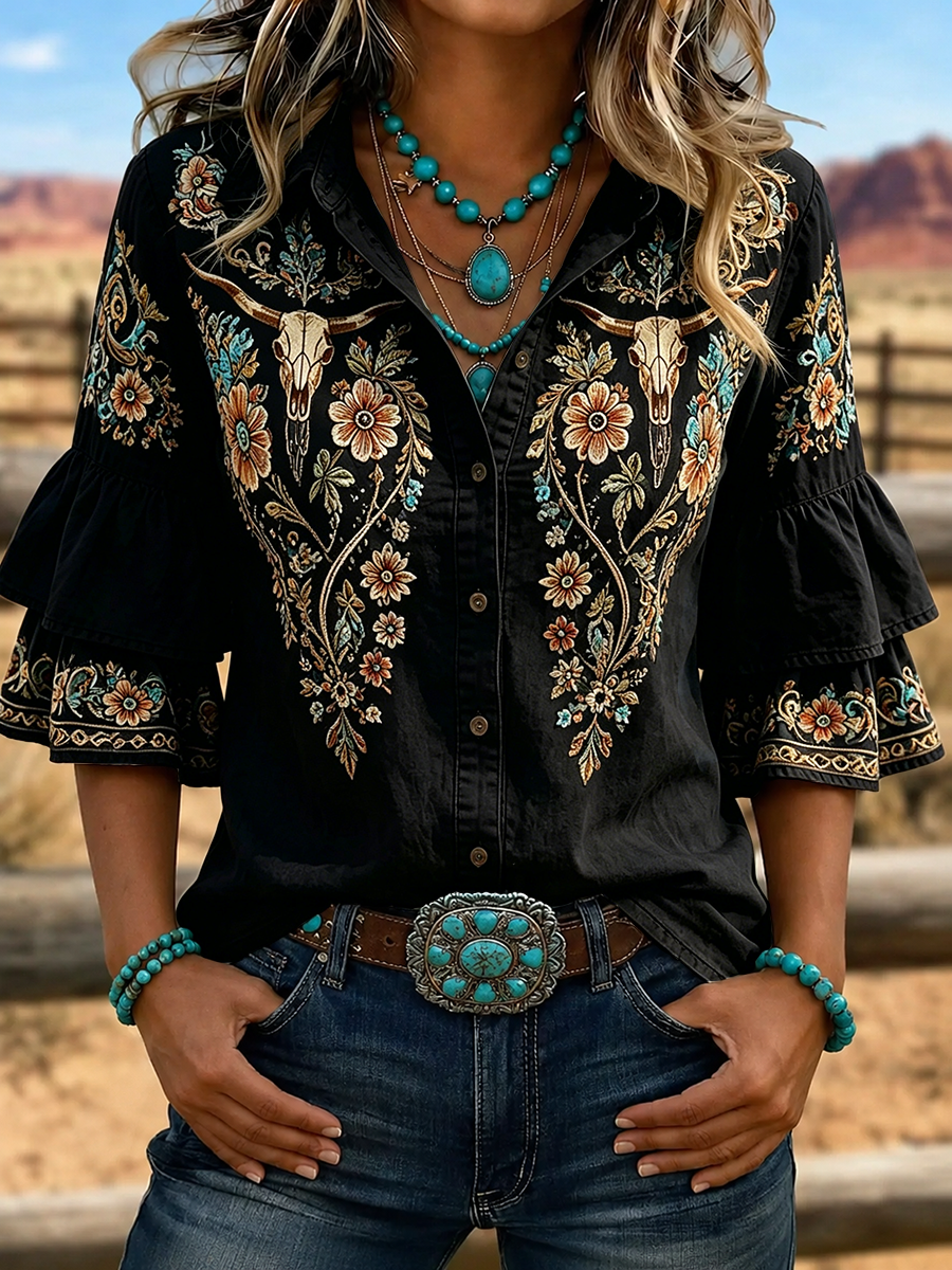 Chemise femme à manches volantées brodées tête de buffle Western