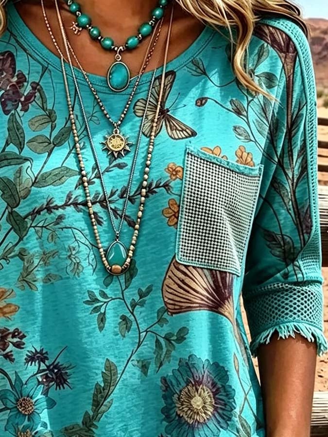 Damen Lässiges Oberteil mit Quasten und Patchwork-Print