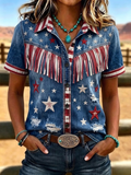Damen Retro Western Stil Patriotisch Bedrucktes Kurzarmshirt