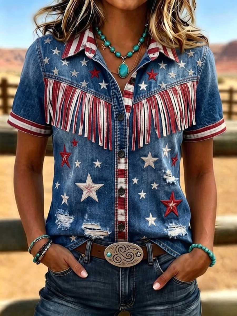Damen Retro Western Stil Patriotisch Bedrucktes Kurzarmshirt