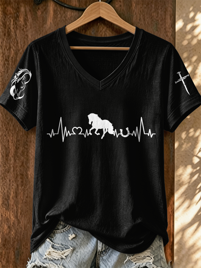 Damen V-Ausschnitt T-Shirt mit Westernpferde-Print
