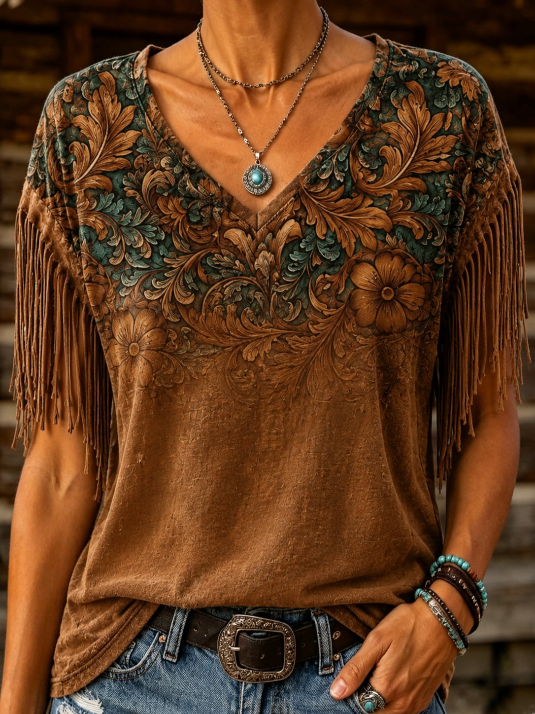 Damen Retro Western Paisley Print Quasten V-Ausschnitt Oberteil