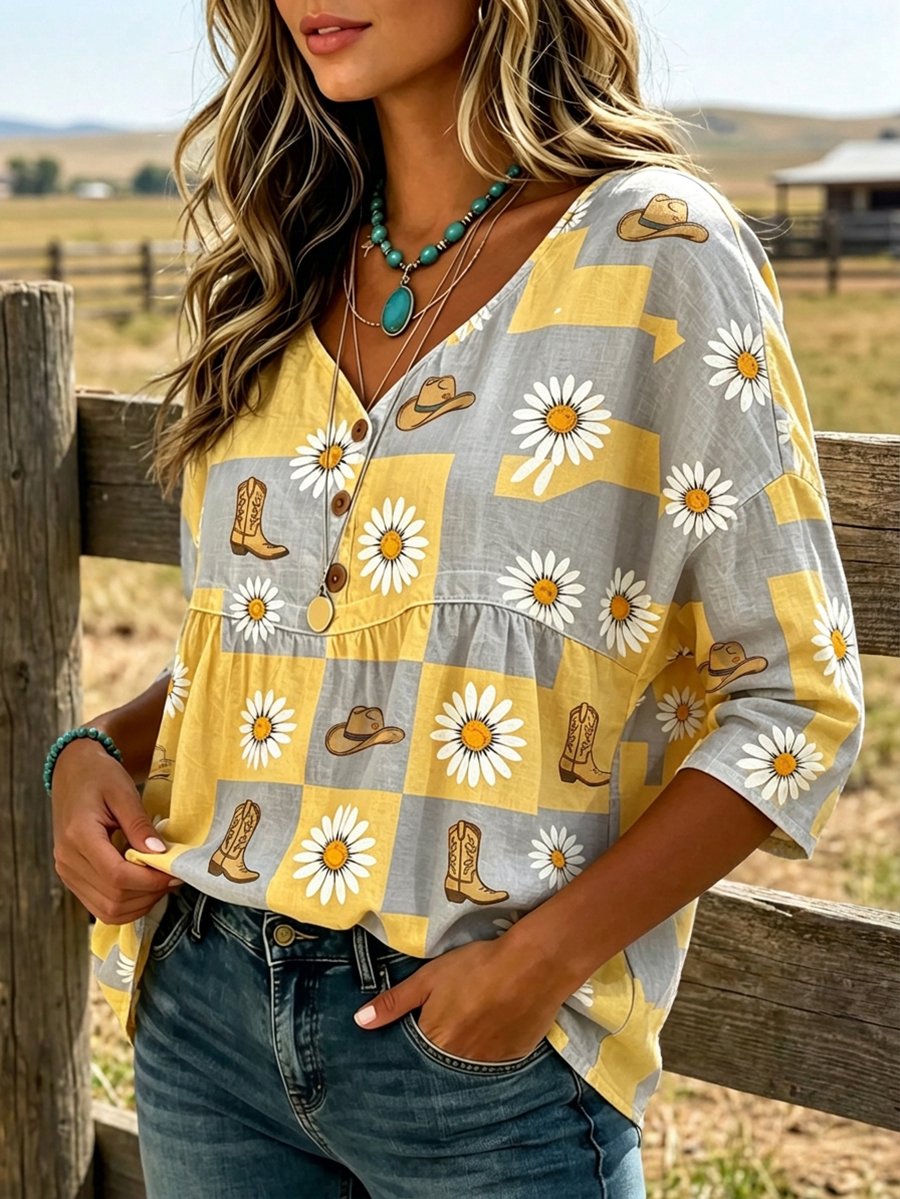 Damen Western Blumenmuster Kunst-Leinen Oberteil