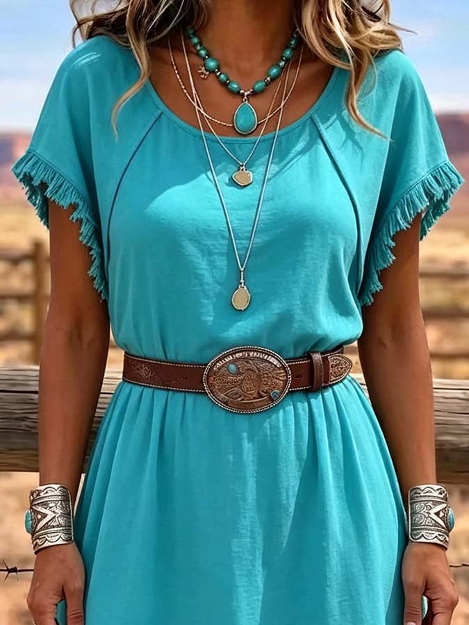 Damenkleid mit Quasten und Patchwork im Casual-Stil