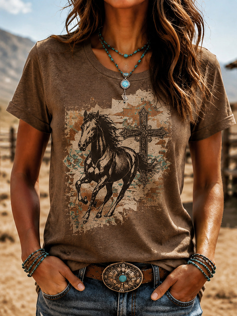 Damen T-Shirt mit Tiermuster, überkreuztem Design und Rundhalsausschnitt im Western-Stil