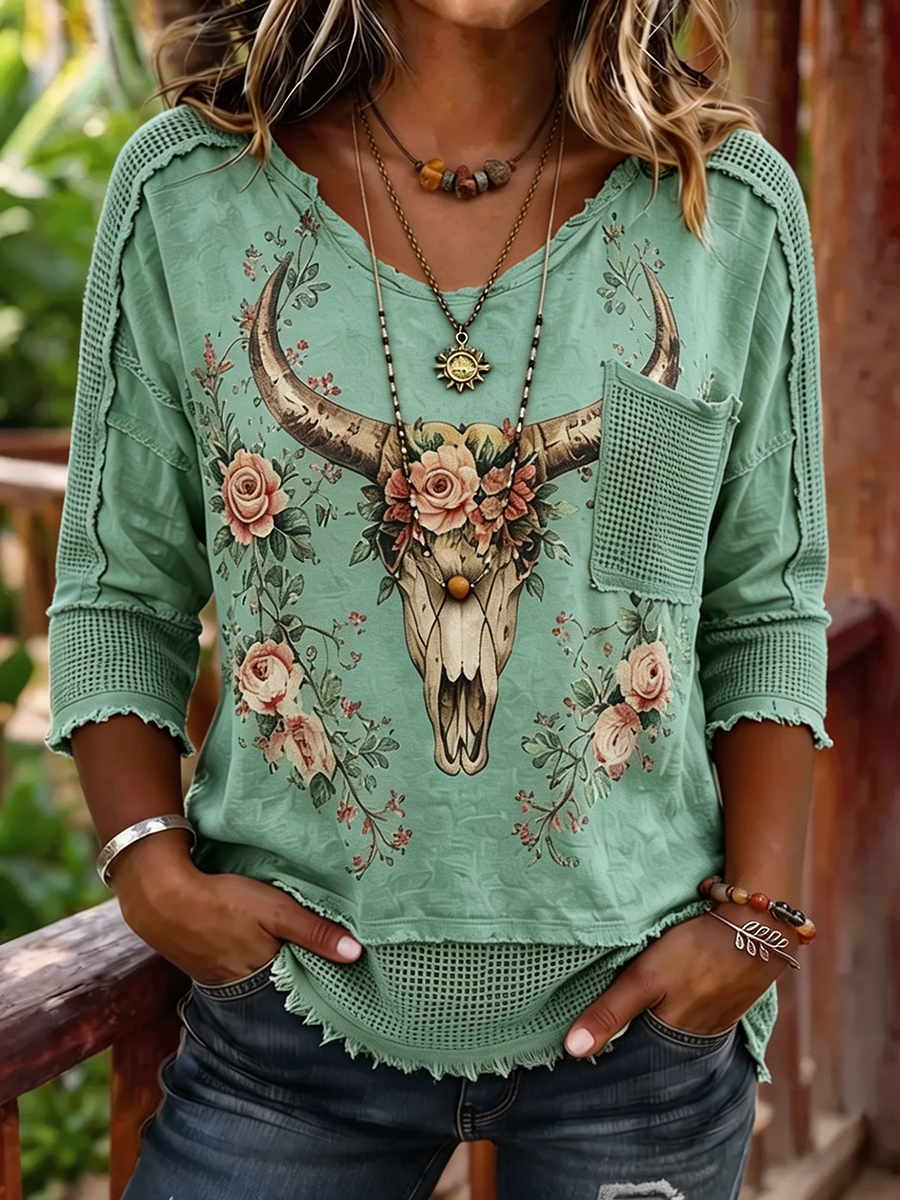 Haut 3/4 en patchwork tissé imprimé floral tête de taureau bohème pour femme