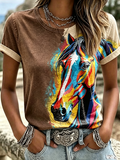 Damen Retro Western Blumen Pferd Print Freizeit Rundhals-Oberteil