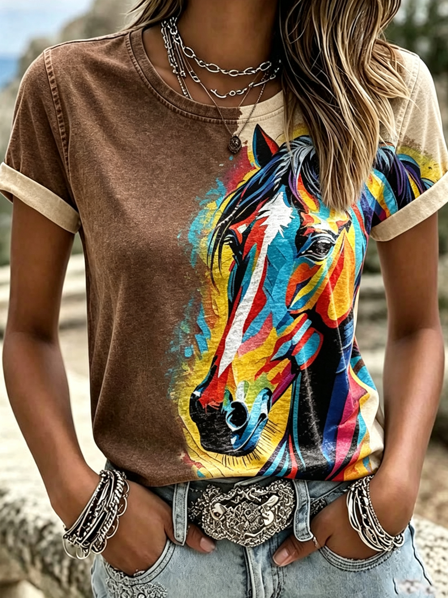 Damen Retro Western Blumen Pferd Print Freizeit Rundhals-Oberteil