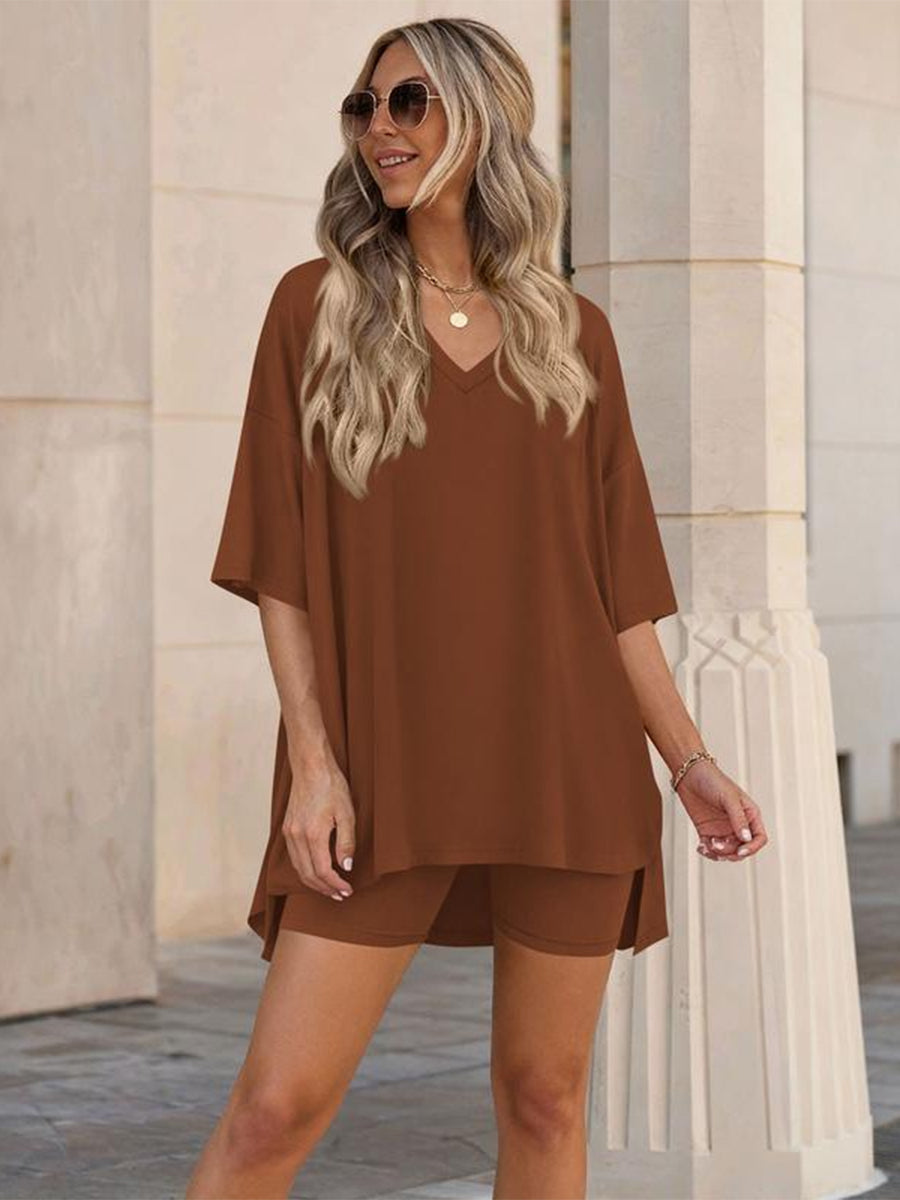 Women’s Buttery-Soft V-Neck Lounge Set – Oversized Split-Hem Top & Biker Shorts