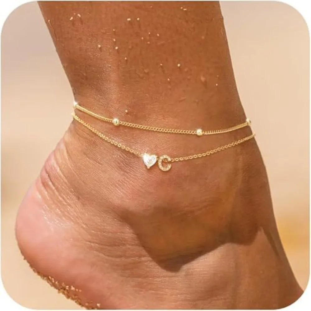 Gold Heart Charm Initial Anklet