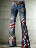 Damen High-Waist-Jeans mit Kreuz-, Flaggen-, Schmetterlings- und Blumenmustern