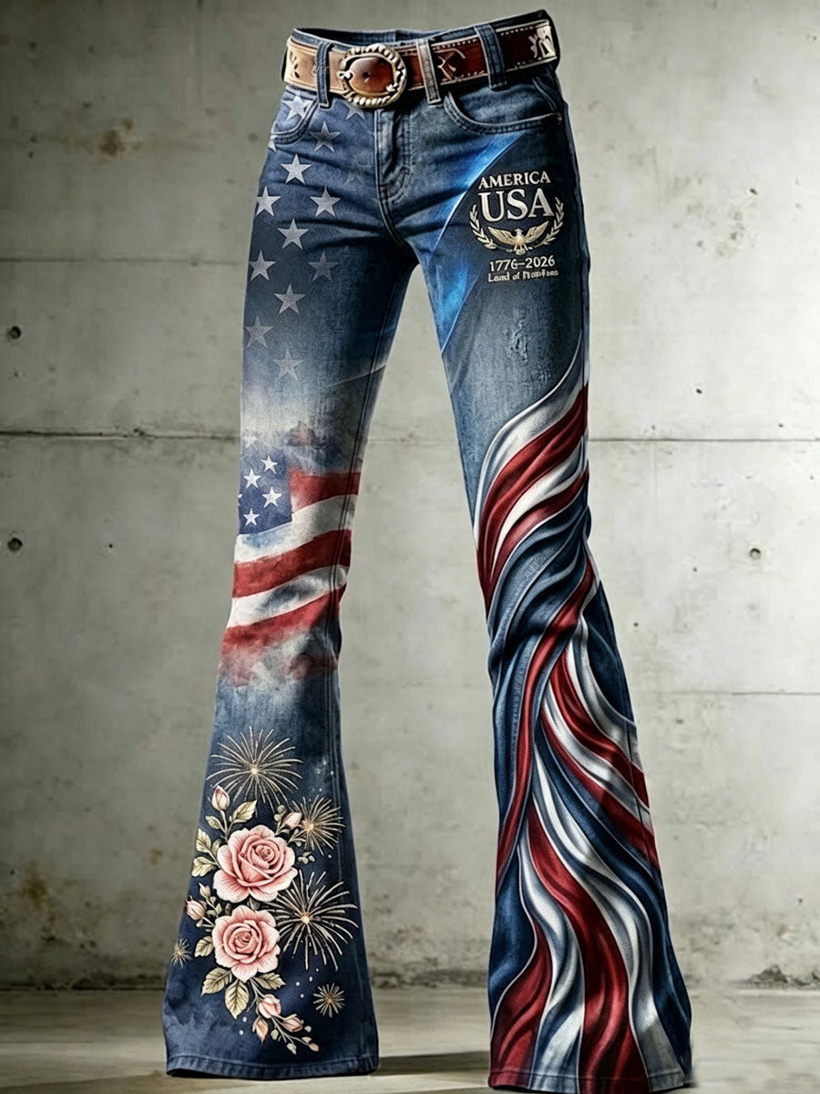 Damen High-Waist-Jeans mit Kreuz-, Flaggen-, Schmetterlings- und Blumenmustern