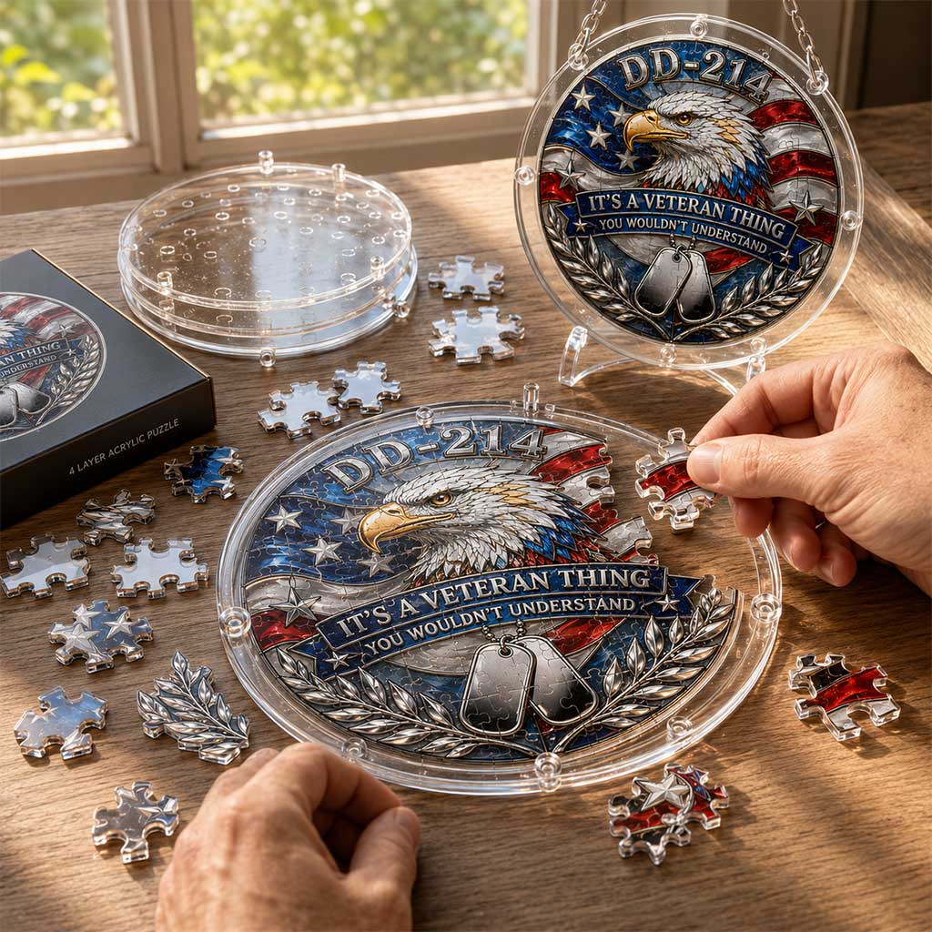 DD-214 Veteran Acryl-Puzzle-Hängeornament – Patriotischer Adler Fenstersonnenfänger Geschenk für Veteranen