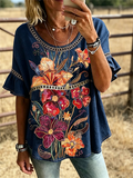 Damen Lässiges Western-Oberteil mit großem Blumenmuster und Rüschenärmeln