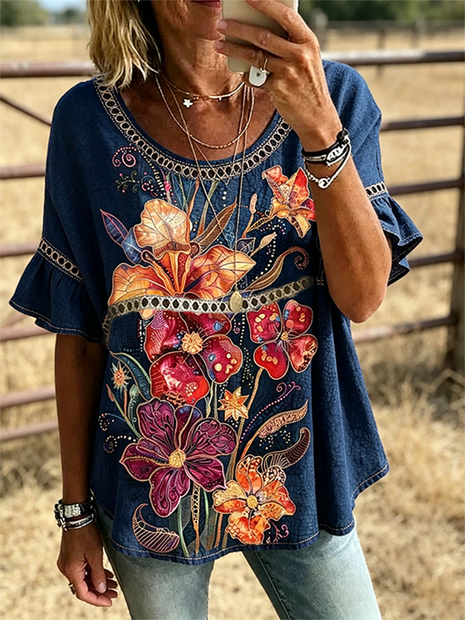 Damen Lässiges Western-Oberteil mit großem Blumenmuster und Rüschenärmeln