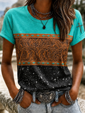 Damen-T-Shirt mit Rundhalsausschnitt, Western-Kreuz und geometrischem Muster