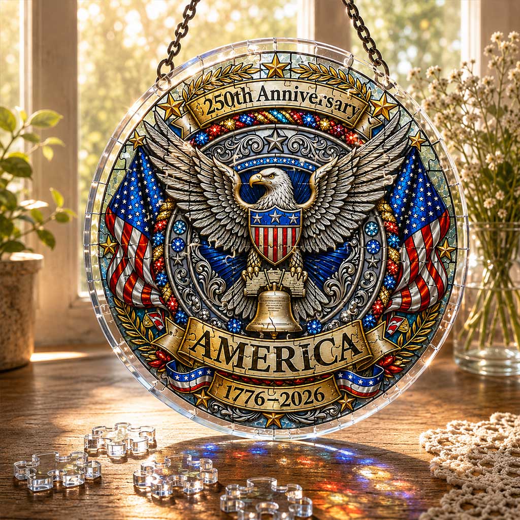 America 250th Anniversary Acrylic Puzzle Hanging Ornament – Patriotic Eagle, Liberty Bell & American Flag Suncatcher Decoration, 1776–2026 Commemorative Gift