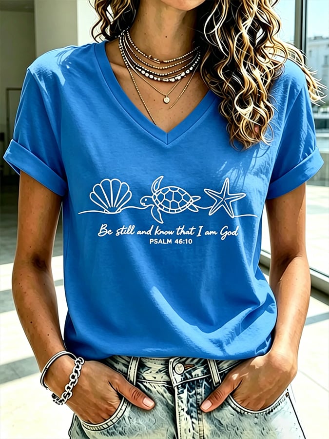 Women's Beach Vacation And Leisure  Sea Turtle Be Still And Know That I Am God Faith Printed T-Shirt