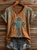 Women's Vintage Western Floral and Turquoise Cross Print Short-Sleeve T-Shirt