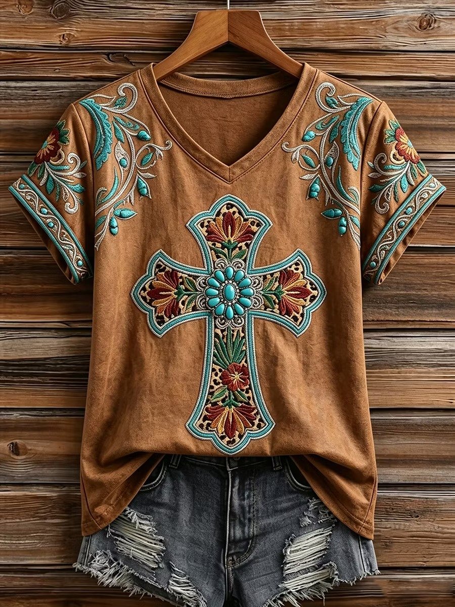 Women's Vintage Western Floral and Turquoise Cross Print Short-Sleeve T-Shirt