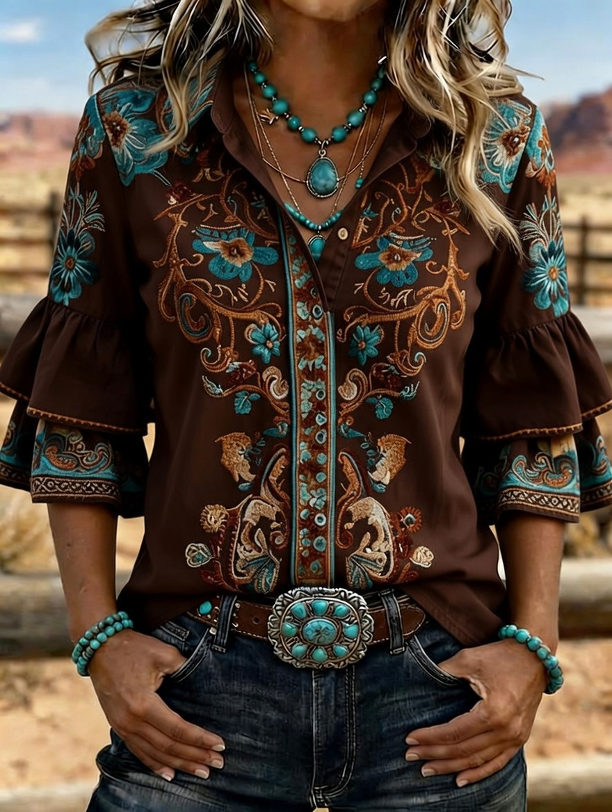 Women's Western Floral Embroidered Denim Bell Sleeve Shirt