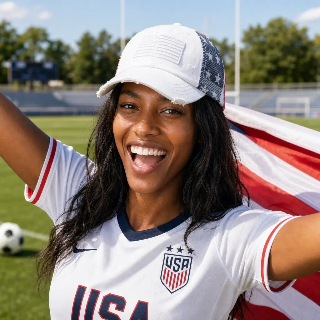 Casquette de baseball en coton drapeau américain avec dos croisé pour femme