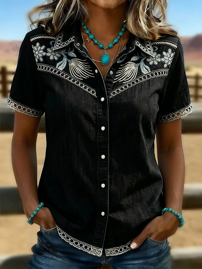 Women's Vintage Floral Art Print Hollow Patchwork Casual Shirt