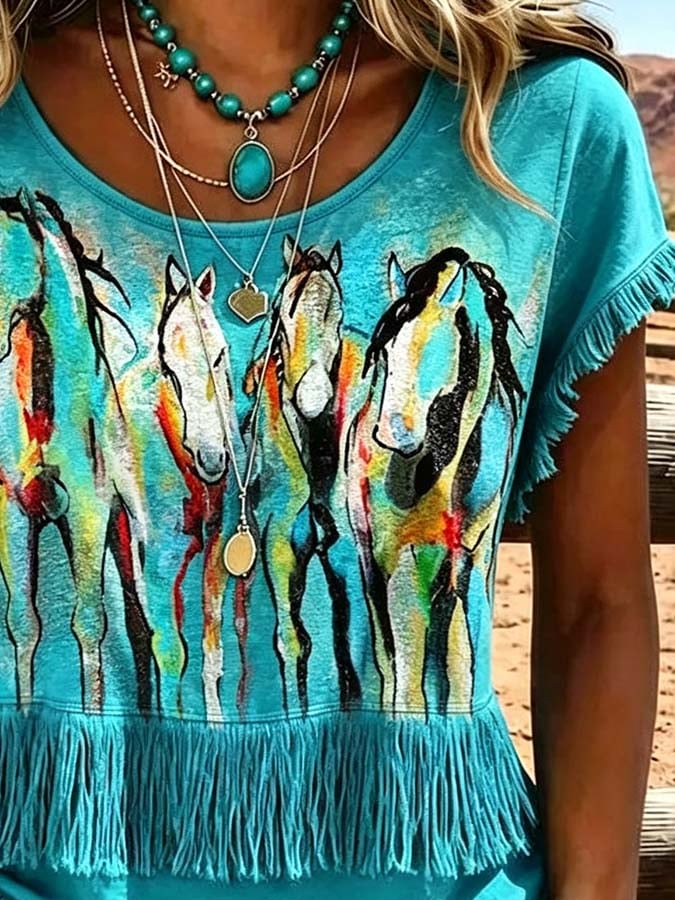 Damen-Freizeit-Top mit Quasten-Patchwork-Print