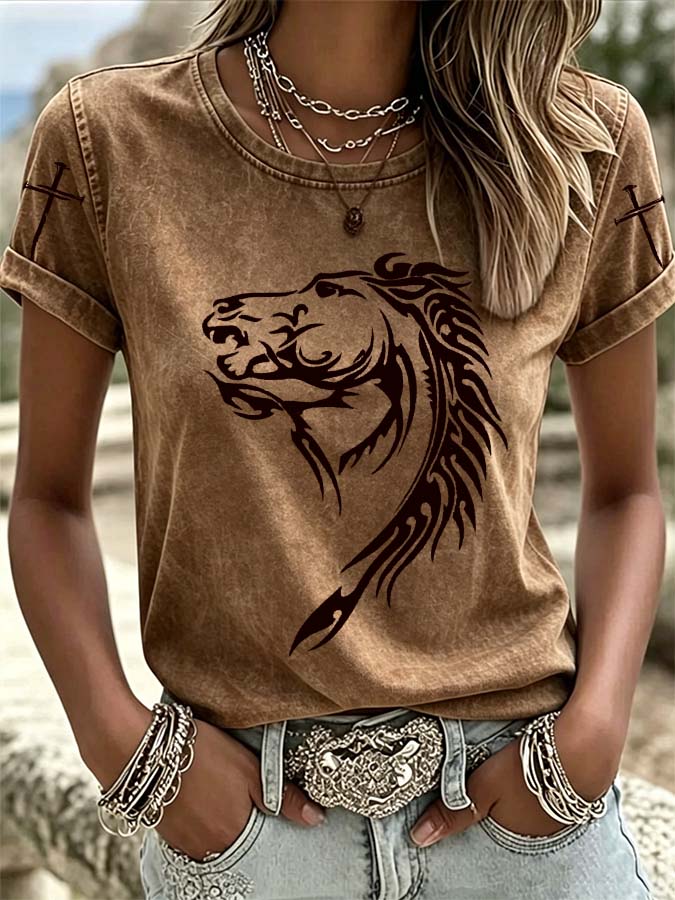 Damen T-Shirt mit Western-Pferd-Kreuz-Motiv, leger
