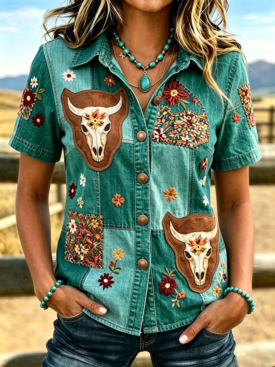 Chemise pour Femme à Imprimé Floral Rétro Animal de Style Western