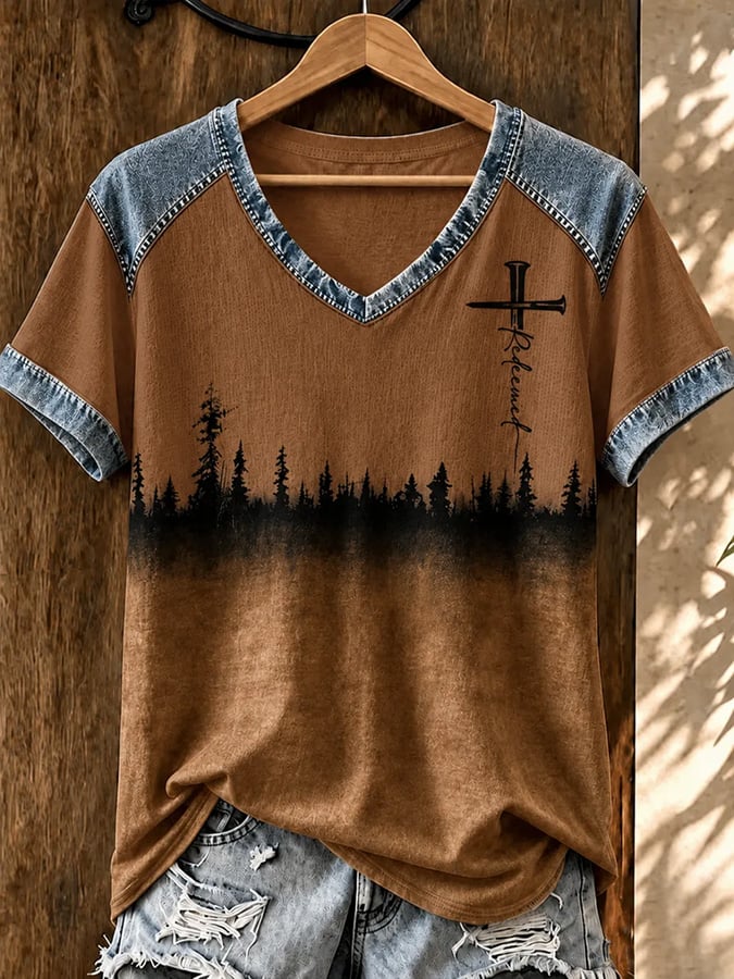 Damen Vintage Western Faith-Print V-Ausschnitt Top