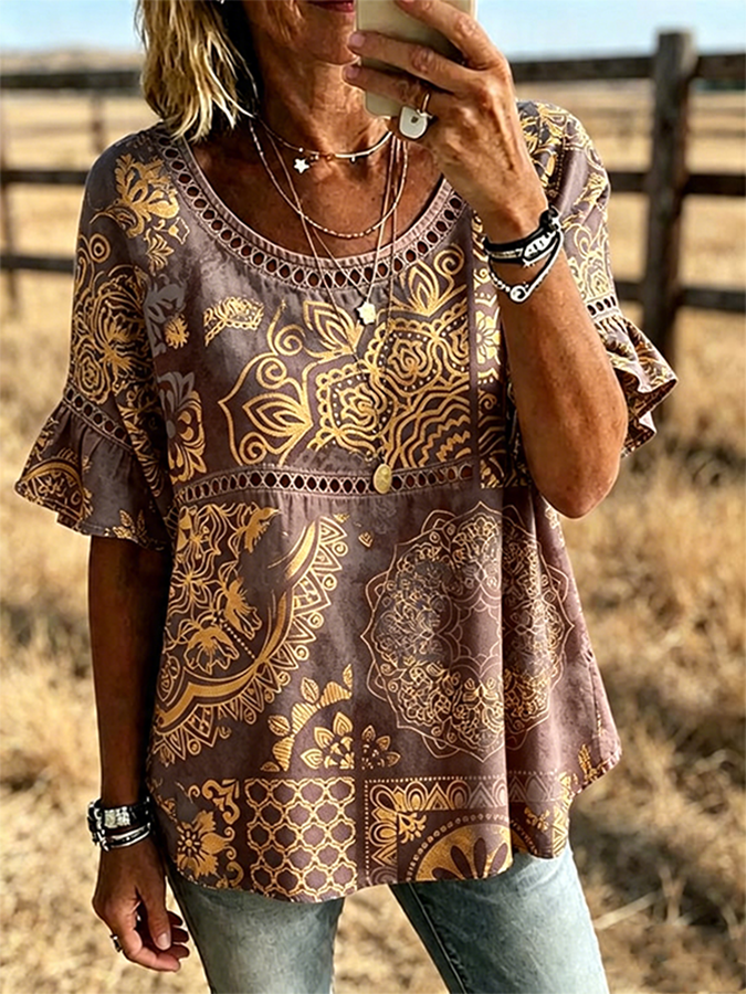 Damen Paisley-Print Spitzenbesatz Rüschen Kurzarm Western-Bluse